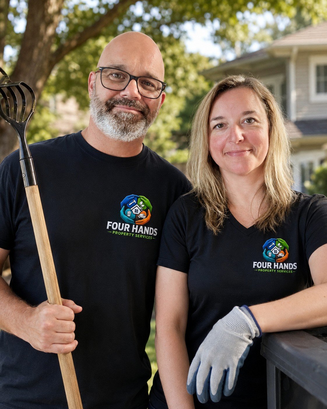 A man and woman wearing black t-shirts with Four Hands Property Services logo, standing outdoors in front of a house with a large tree, holding gardening tools and smiling at the camera.
