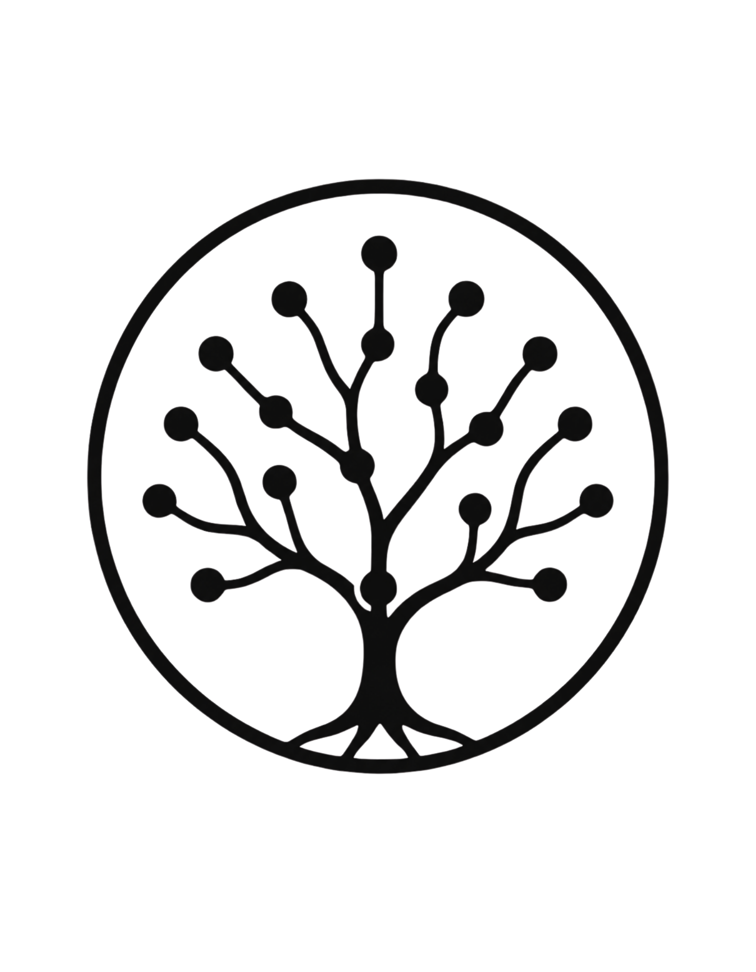 A black line drawing of a stylized tree in a circle on a black background.