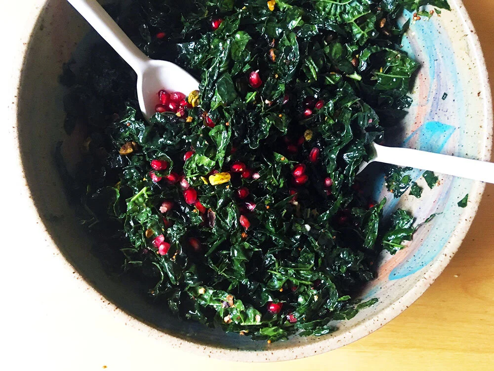 Kale Salad with Pomegranate Seeds and Maple-Mustard Vinaigrette