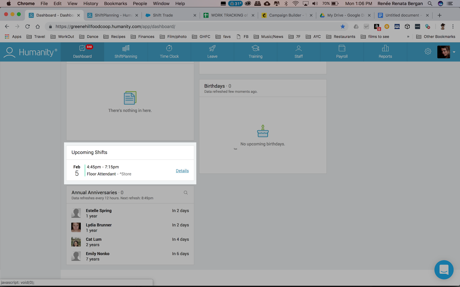 1. Log into Humanity > go to Home page dashboard > scroll down to Upcoming Shifts