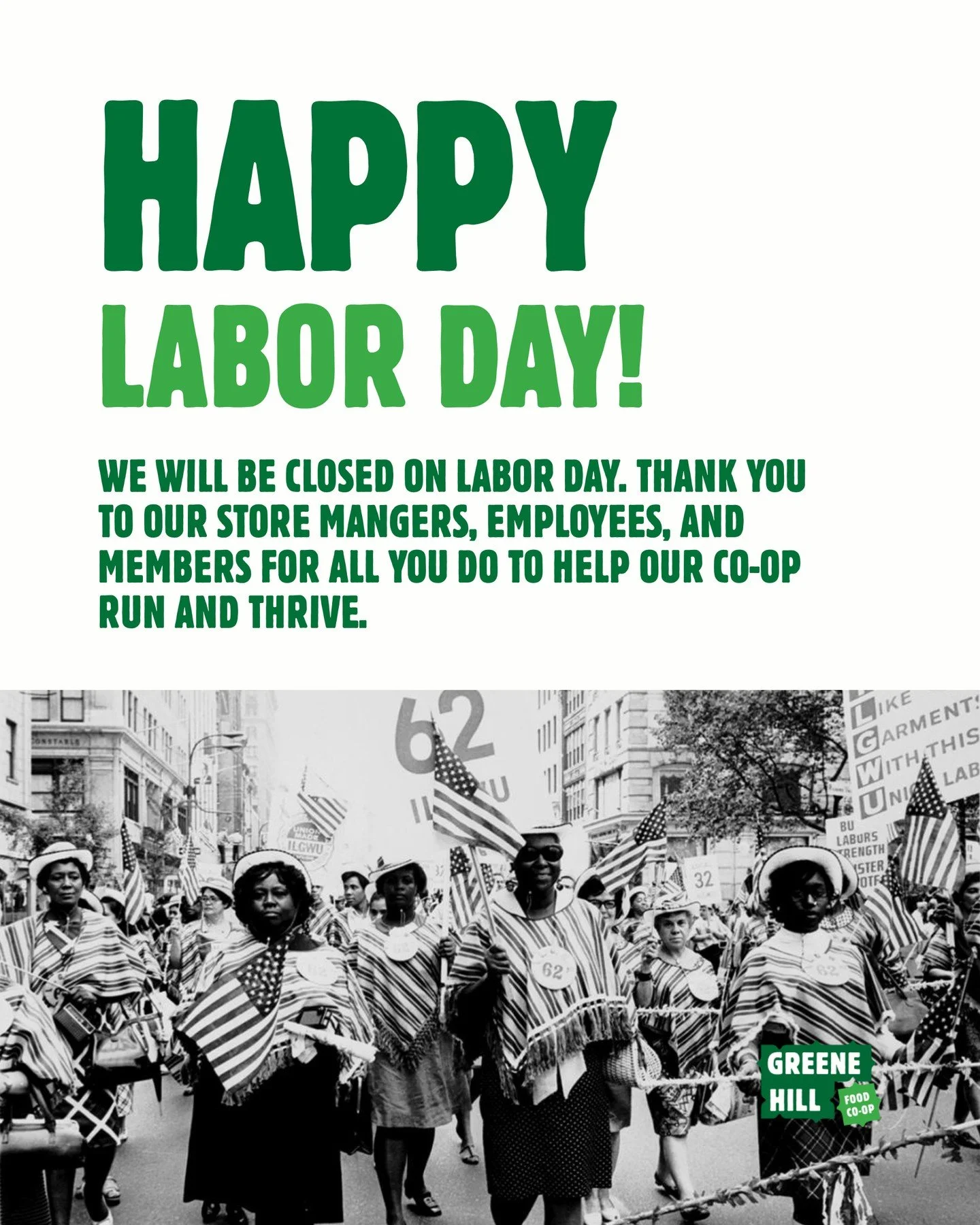 The co-op will be closed on Labor day. ⁠
⁠
Though May Day was the original day started by working people in Chicago to take action for economic equality, freedom, and justice, Labor Day is another occasion for us to join together in union and solidar