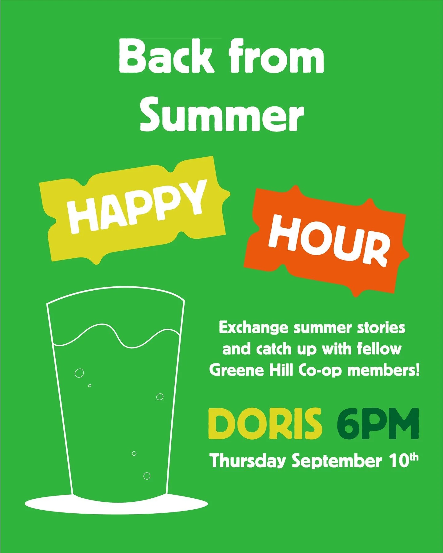 Join us Thursday, Sept 10 for a Back From Summer Happy Hour at @dorisbedstuy, across the street (sorta) from the Co-op at 1088 Fulton Street! We'll be meeting at 6pm. If the weather is nice, we&rsquo;ll gather in the backyard. All are welcome to join