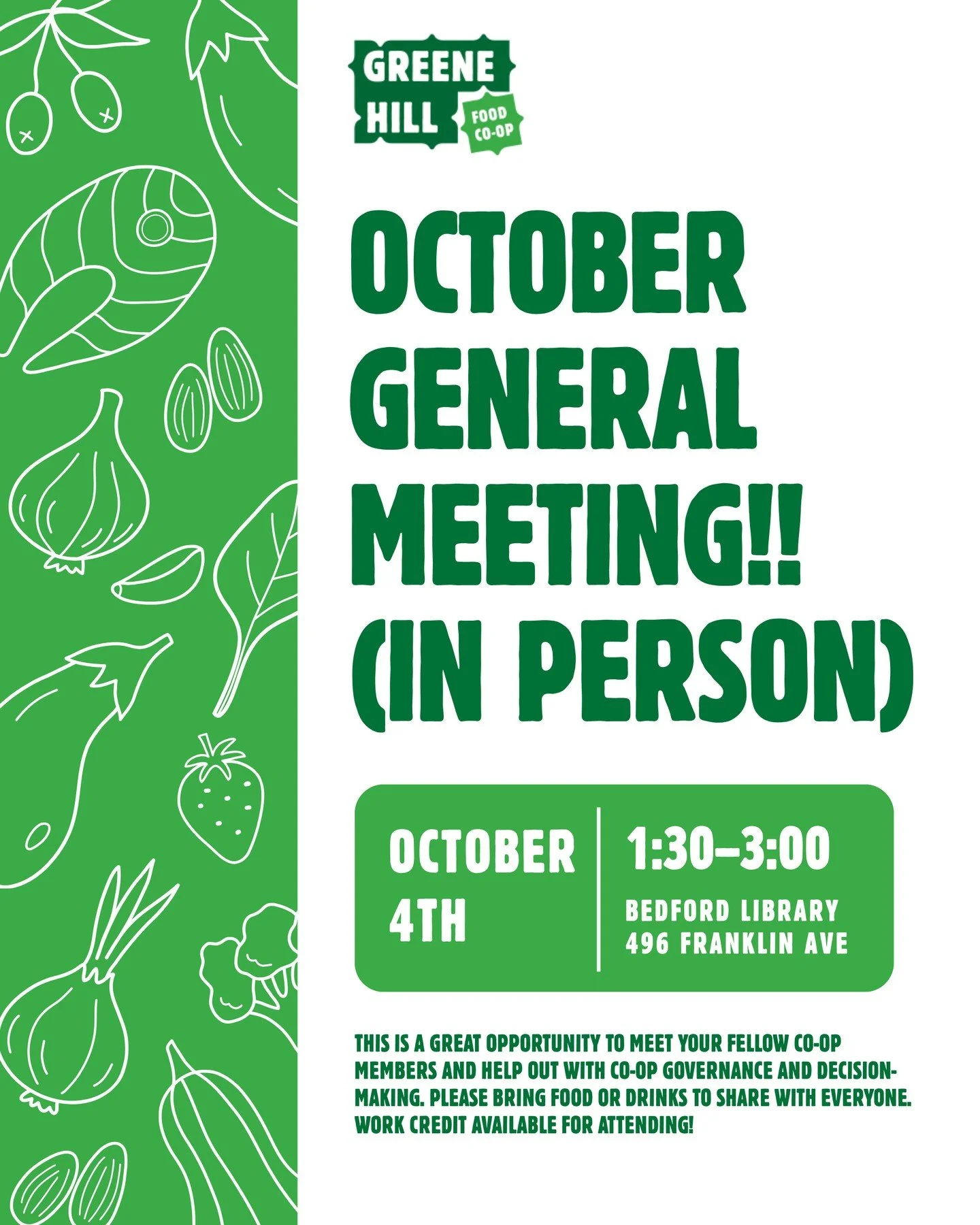 Members, mark your calendars for our quarterly in-person General Meeting! Join us at the Bedford Library to hear updates about Co-op operations, learn more about the Co-op's financial health, and discussions with committees.