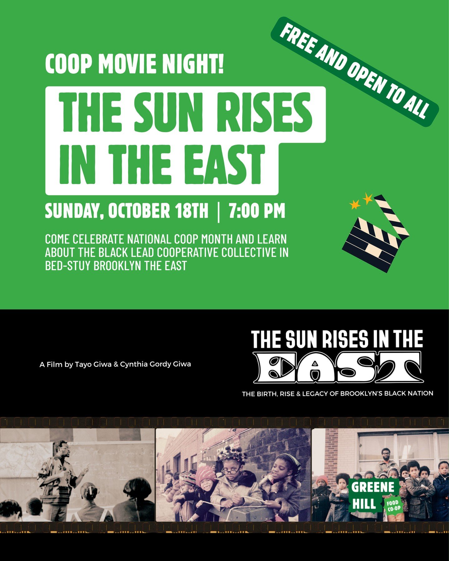 Movie night this Sunday! Come to the coop on 10/18 at 7pm for a screening of The Sun Rises in the East and learn about the 1970's Black lead cooperative organization in Bed-Stuy
