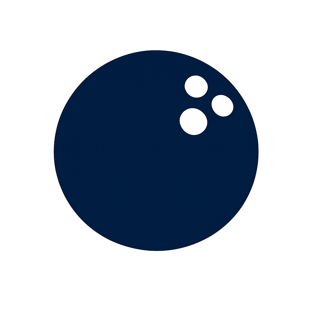 Dark blue bowling ball with three finger holes, isolated on black background.