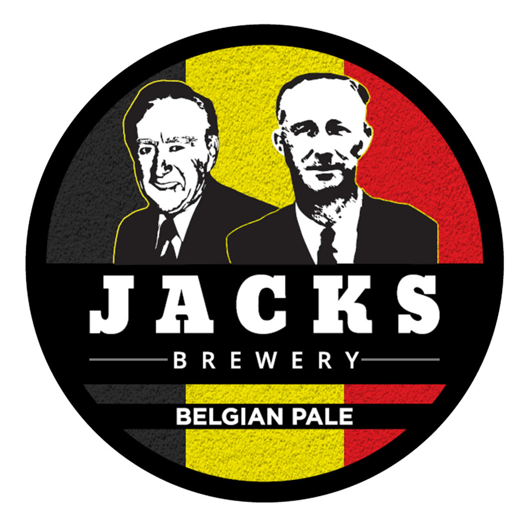 Logo of Jacks Brewery featuring black and white illustrated portraits of two men, with a background inspired by the Belgian flag colors of black, yellow, and red, and text indicating the brewery and Belgian Pale beer.