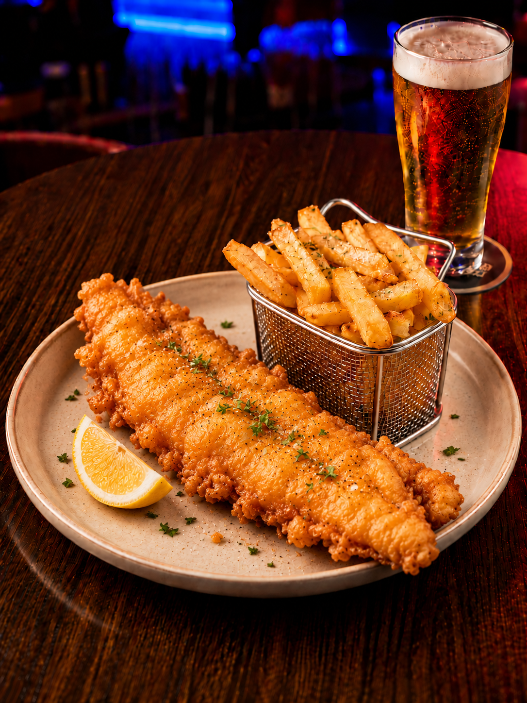 A plate of fish and chips with French fries, a side salad, a lemon wedge, a bowl of tartar sauce, and a glass of beer on a dark wooden table in a dimly lit restaurant.