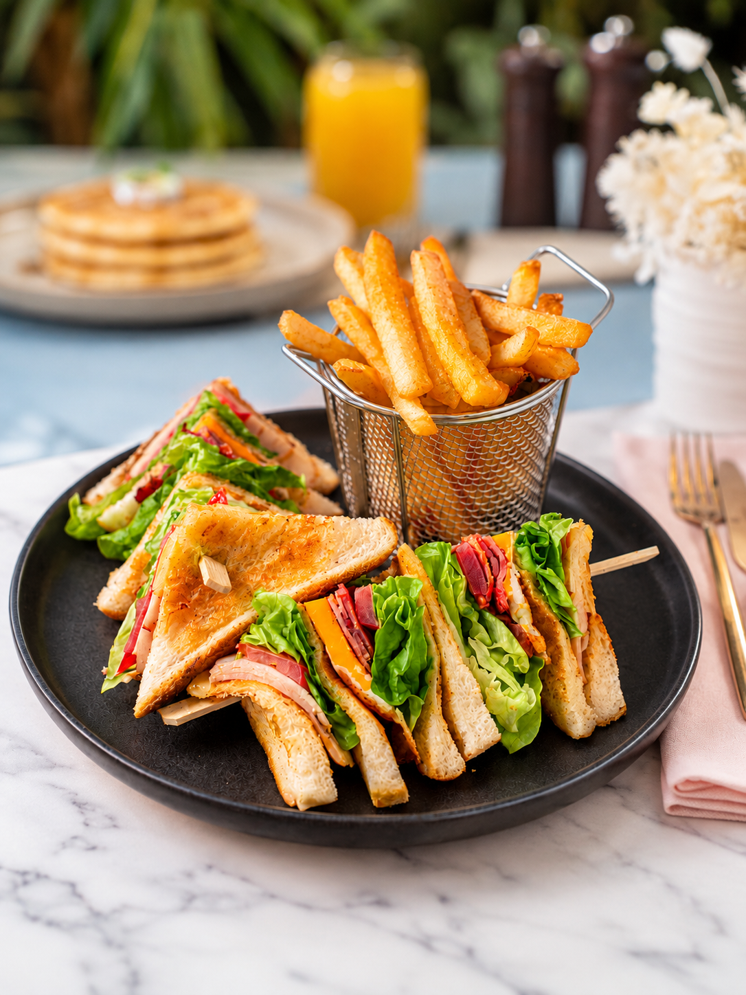 A round plate with four club sandwiches cut into triangles and arranged around the edge, with French fries in the center.