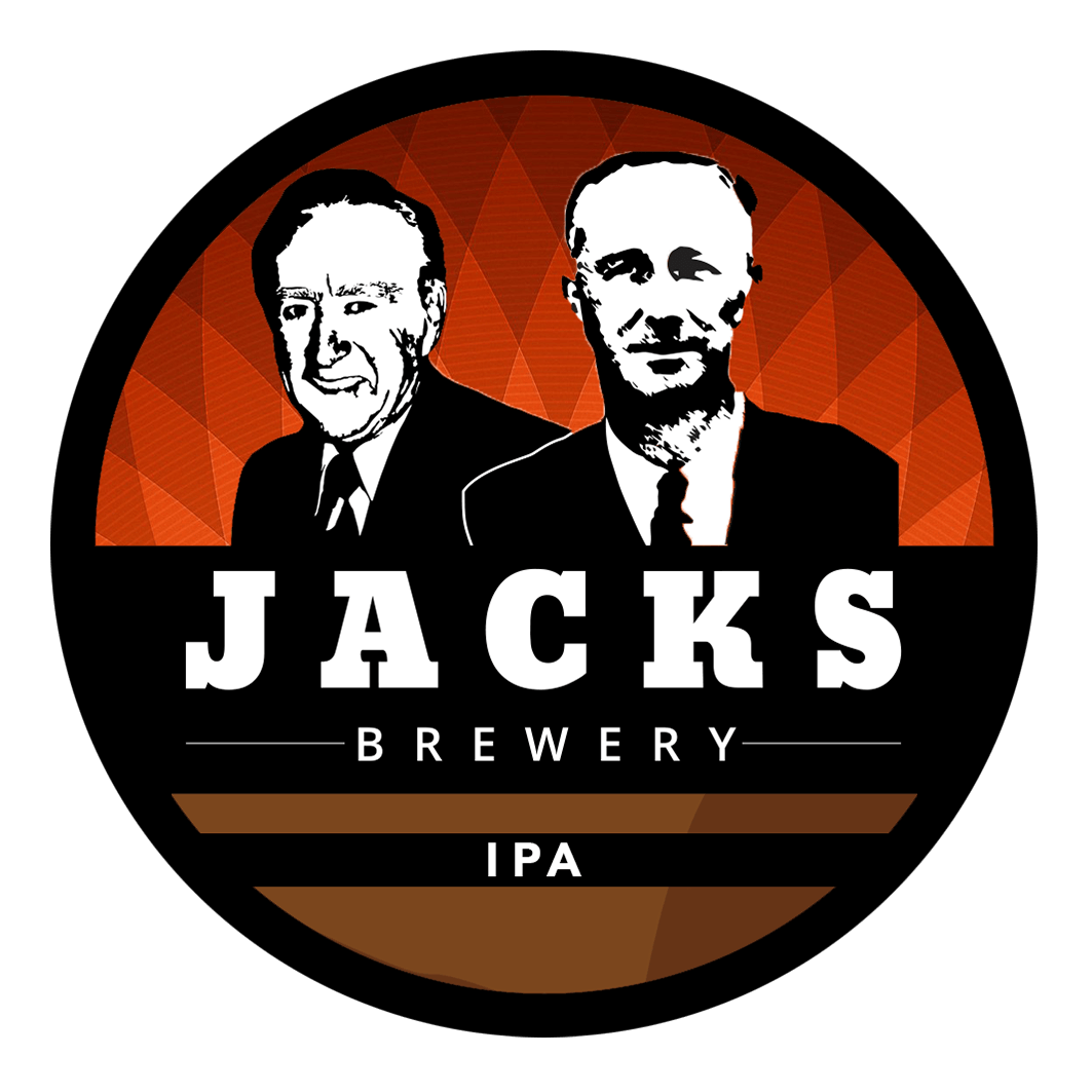 Logo for Jacks Brewery featuring black and white illustrated portraits of two men, with the name 'Jacks' in bold white letters, 'Brewery' underneath, and 'IPA' at the bottom. The background has a semi-circular orange and brown geometric pattern.