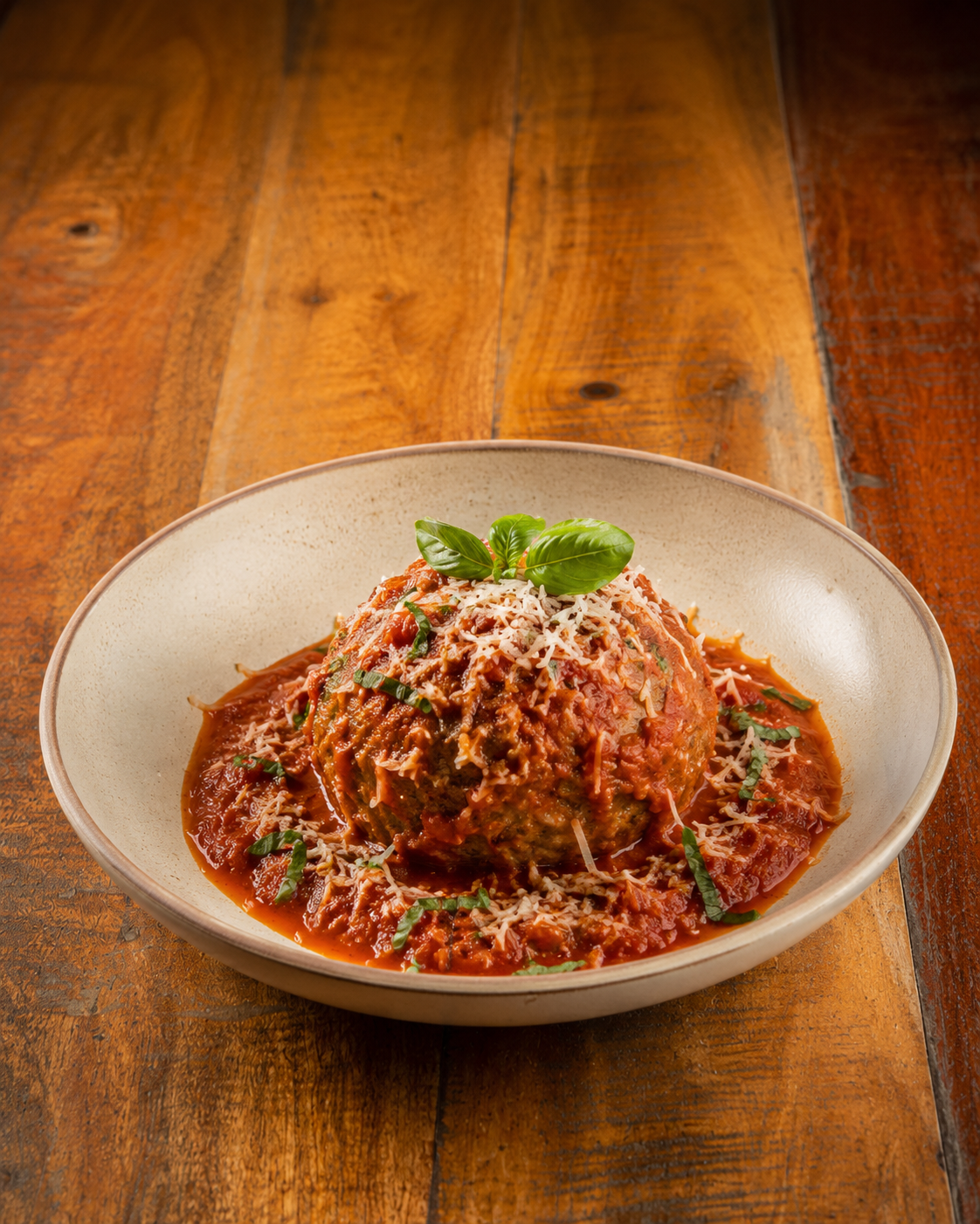 A bowl of spaghetti and meatballs garnished with basil and grated cheese on a wooden table.