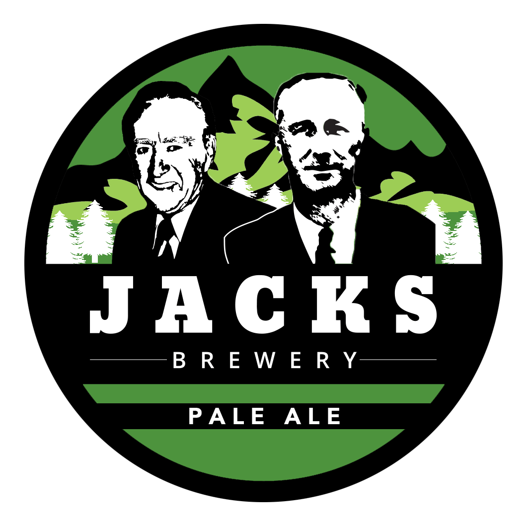 Logo for Jacks Brewery featuring black and white illustrated portraits of two men against a green and black background of trees and mountains, with text "Jacks Brewery Pale Ale" in white.