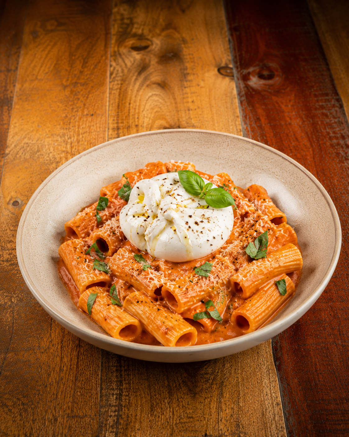 A bowl of rigatoni pasta with tomato sauce, topped with a poached egg, basil leaves, grated cheese, and black pepper on a wooden table.
