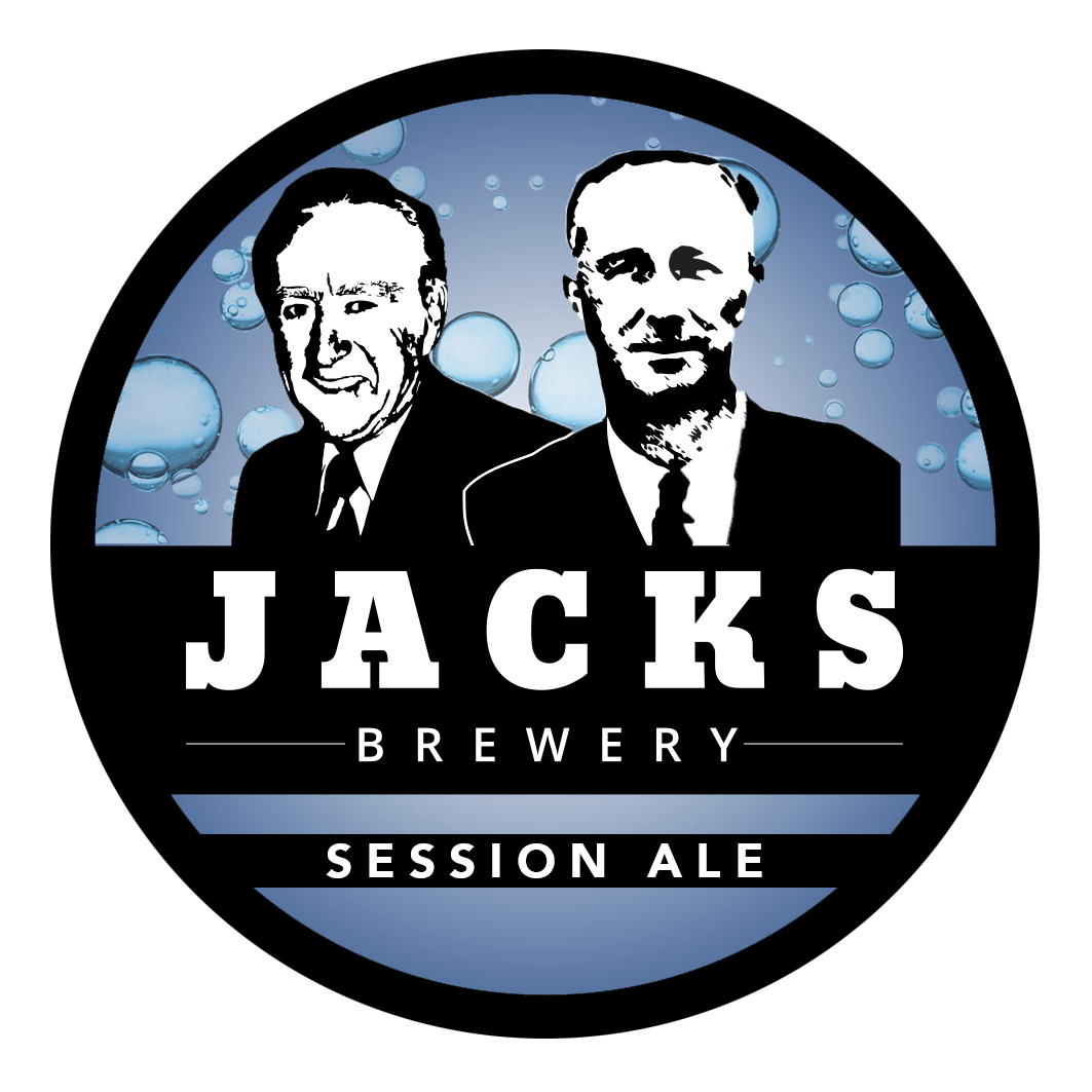Logo for Jacks Brewery featuring black and white illustrations of two men in suits, with a background of bubbles and the text 'Jacks Brewery', 'Session Ale'.