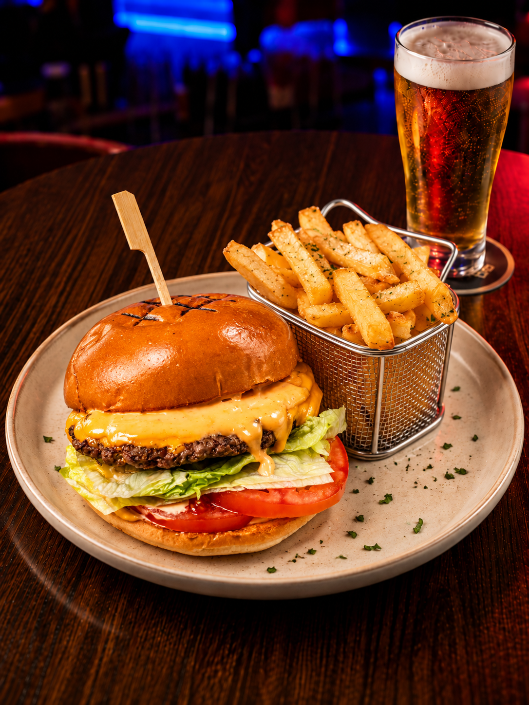 A cheeseburger with lettuce, tomato, and sauce, served with French fries and a glass of beer in the background.
