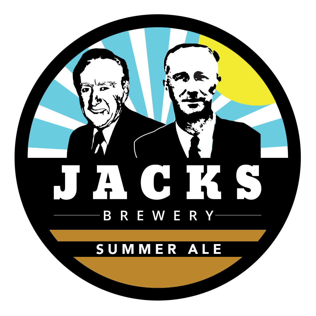 A label for Jack's Brewery Summer Ale featuring black and white illustrations of two men in suits against a background with blue and yellow sun rays, with the text 'Jacks Brewery Summer Ale'.