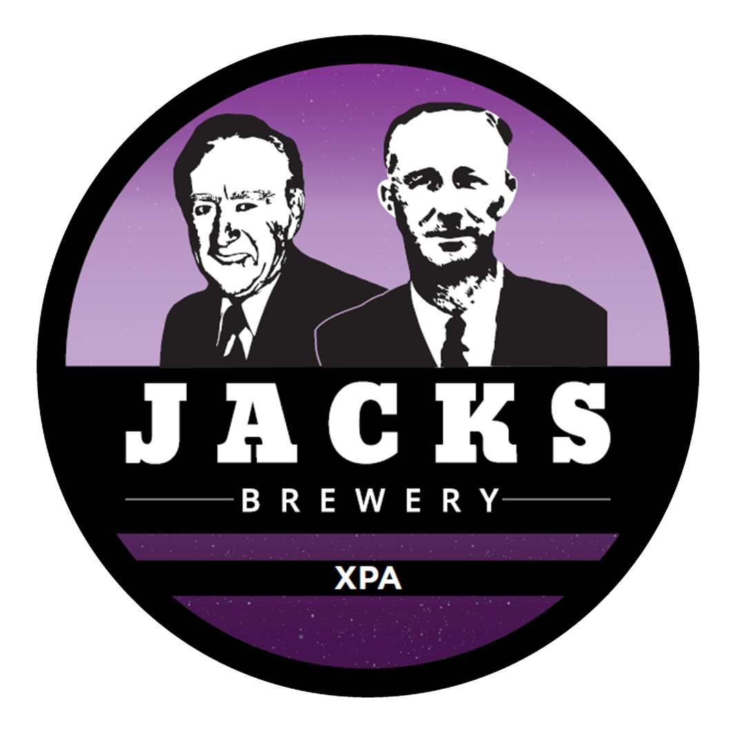 A circular logo featuring black and white portraits of two men against a purple starry background. The text reads "Jacks Brewery" in bold white letters, with "XPA" below, all on a black banner.