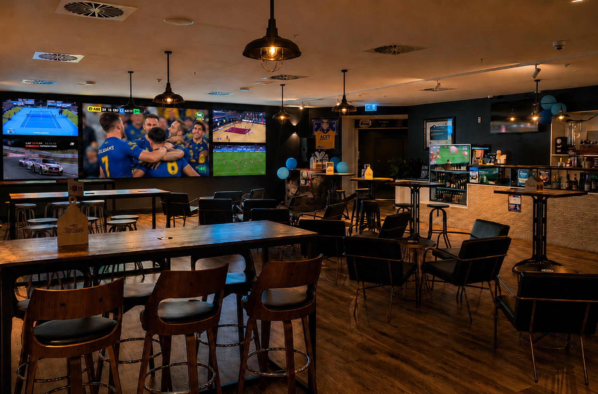Inside a sports bar with multiple large screens showing different sports games, including tennis, basketball, and racing, with wooden tables, chairs, and some balloons for decoration.