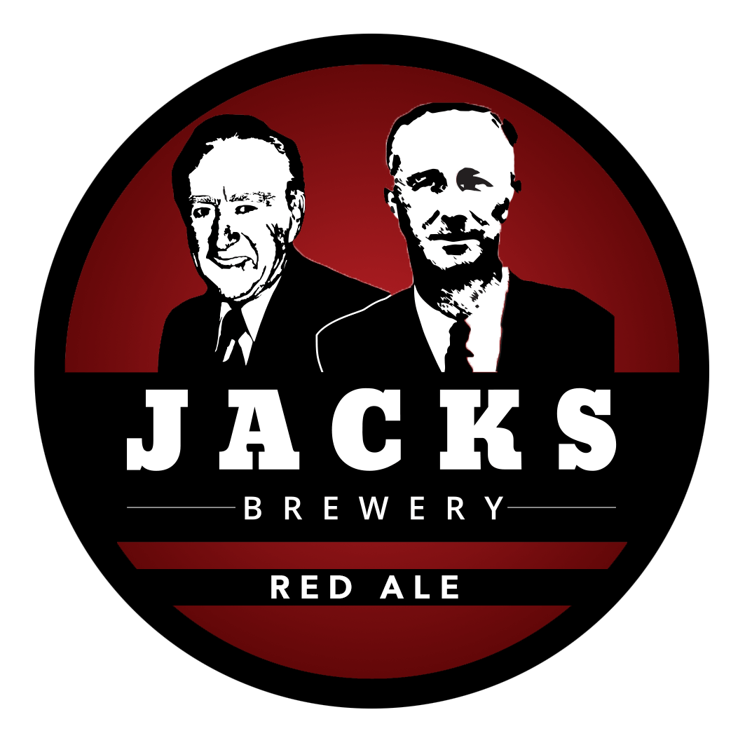Logo for Jacks Brewery featuring illustrated portraits of two men with the text 'Jacks Brewery Red Ale' on a black background.