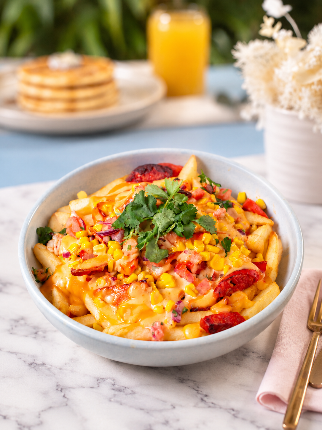 Bowl of fries with chorizo and cheese