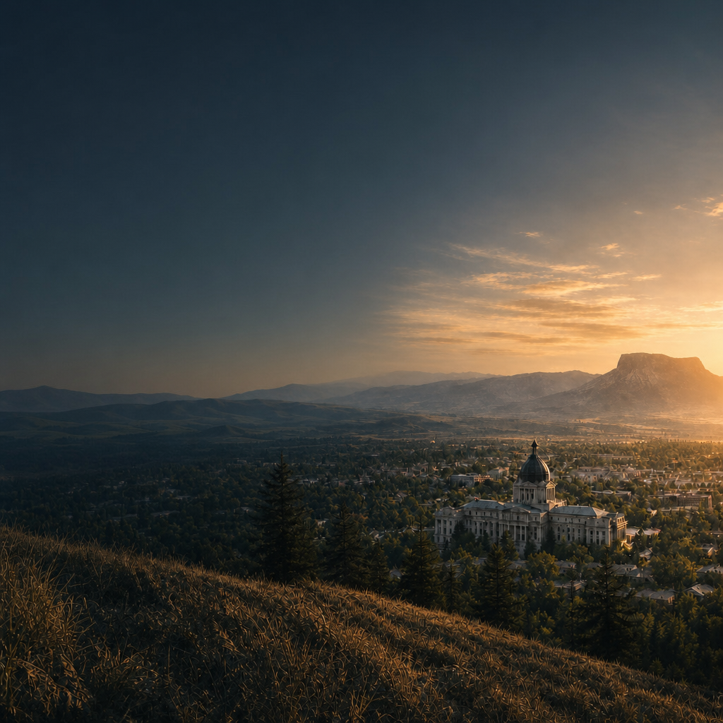 Sunset over a valley with a historic building and mountains in the distance.