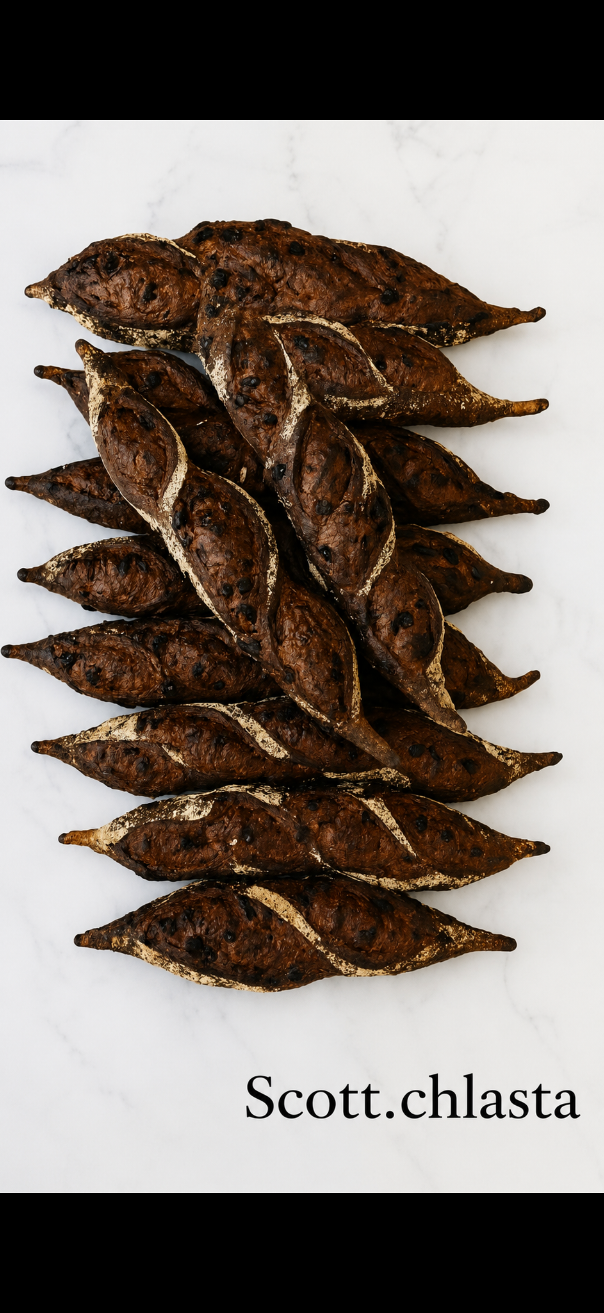 Filets de poisson séchés et enroulés, appelés Scott.chlasta, disposés en rangée sur une surface blanche.