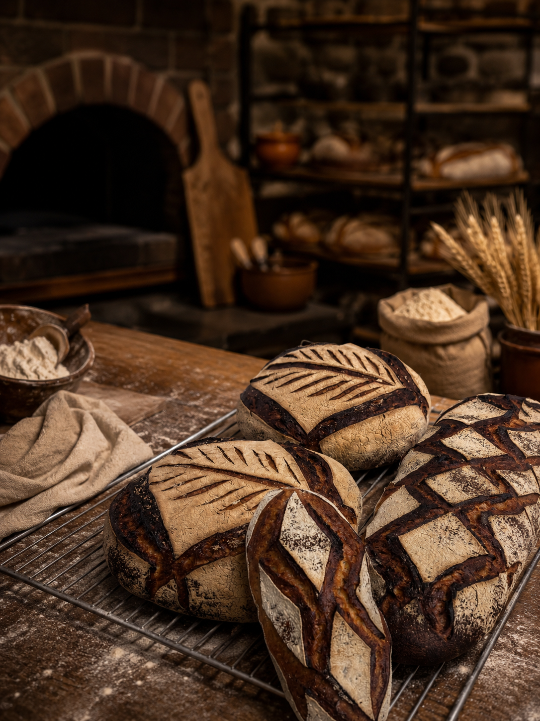 Pain artisanal à la croûte cassée et décorée de motifs au four, sur une grille de refroidissement dans une cuisine rustique.