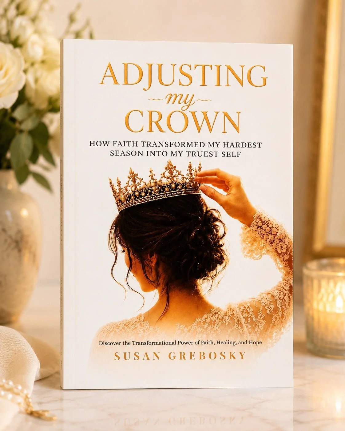 Book titled 'Adjusting My Crown' by Susan Grebosky, featuring a woman with dark curly hair wearing a lace top and placing a crown on her head, with white flowers and a candle in the background.