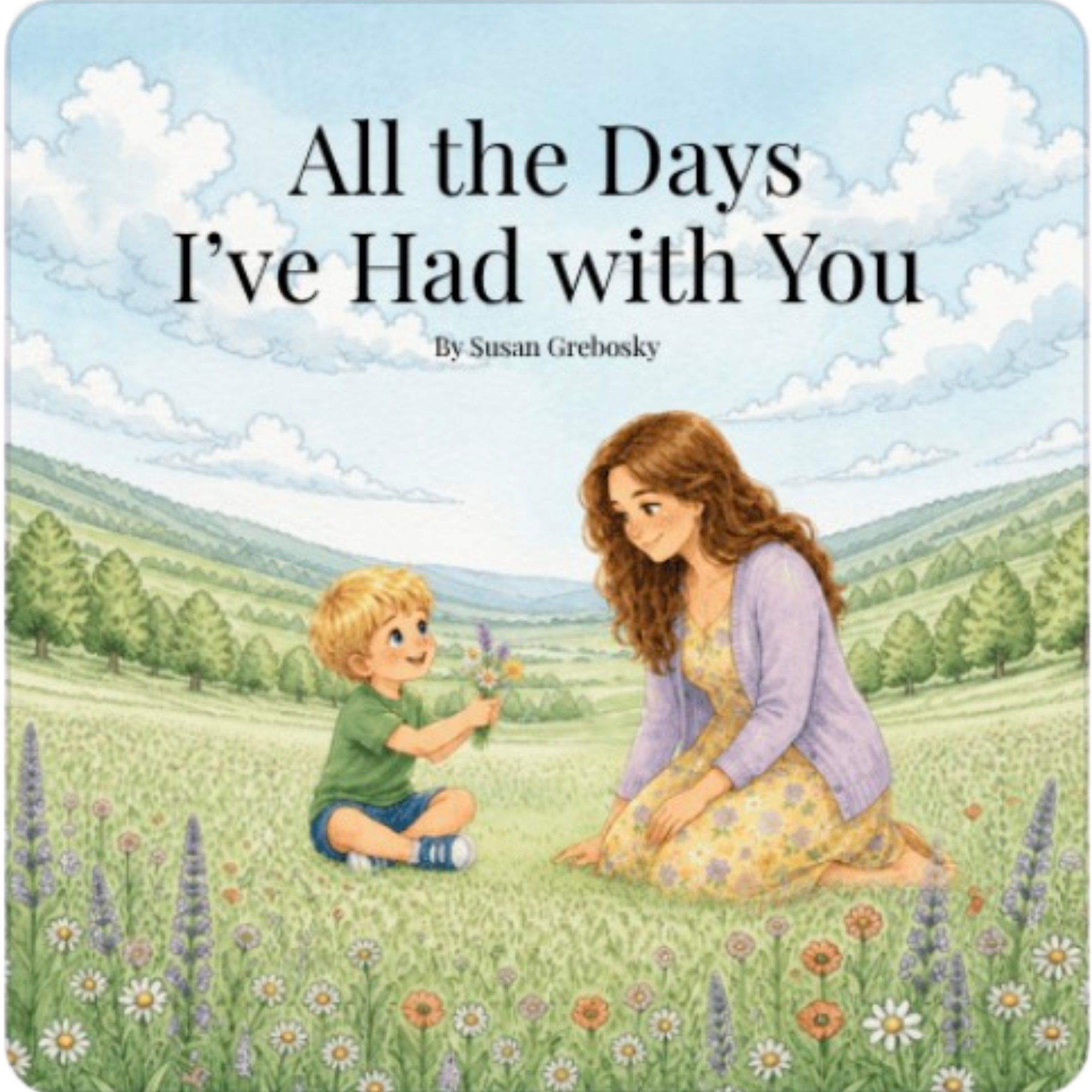 Illustration of two children, a girl with curly brown hair wearing a lilac dress and a boy with blond hair in a green shirt, in a lush green field filled with colorful flowers, under a partly cloudy sky with rolling hills in the background. The girl is smiling and holding flowers, and the boy is looking at her.