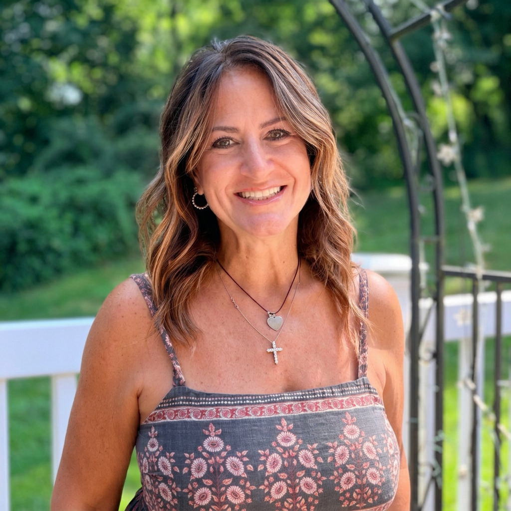 A woman with shoulder-length brown hair smiling outdoors with a green garden background.