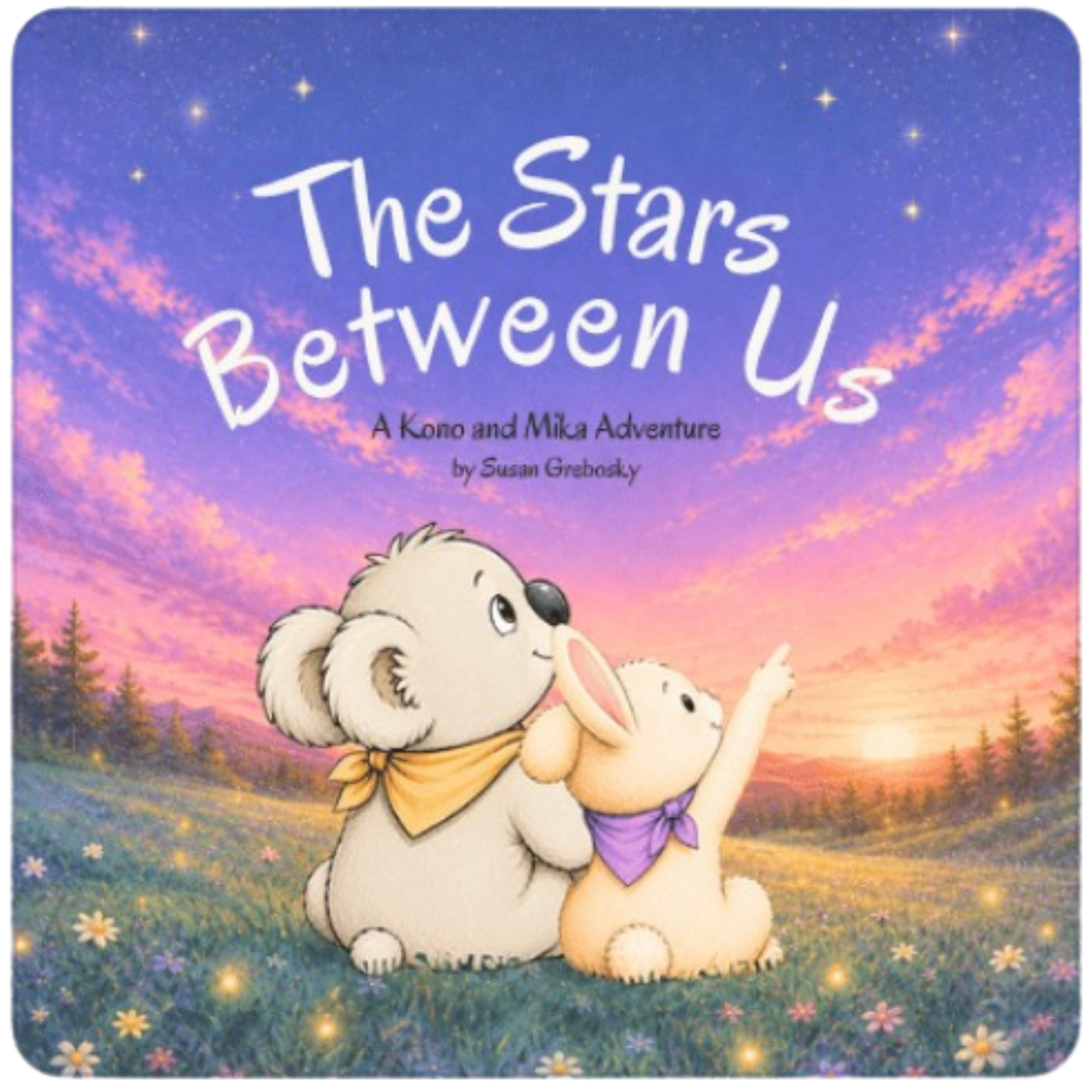 Cover of children's book titled "The Stars Between Us" showing a bear and a bunny sitting together on a grassy field with flowers, under a starry sky with pink and purple clouds.