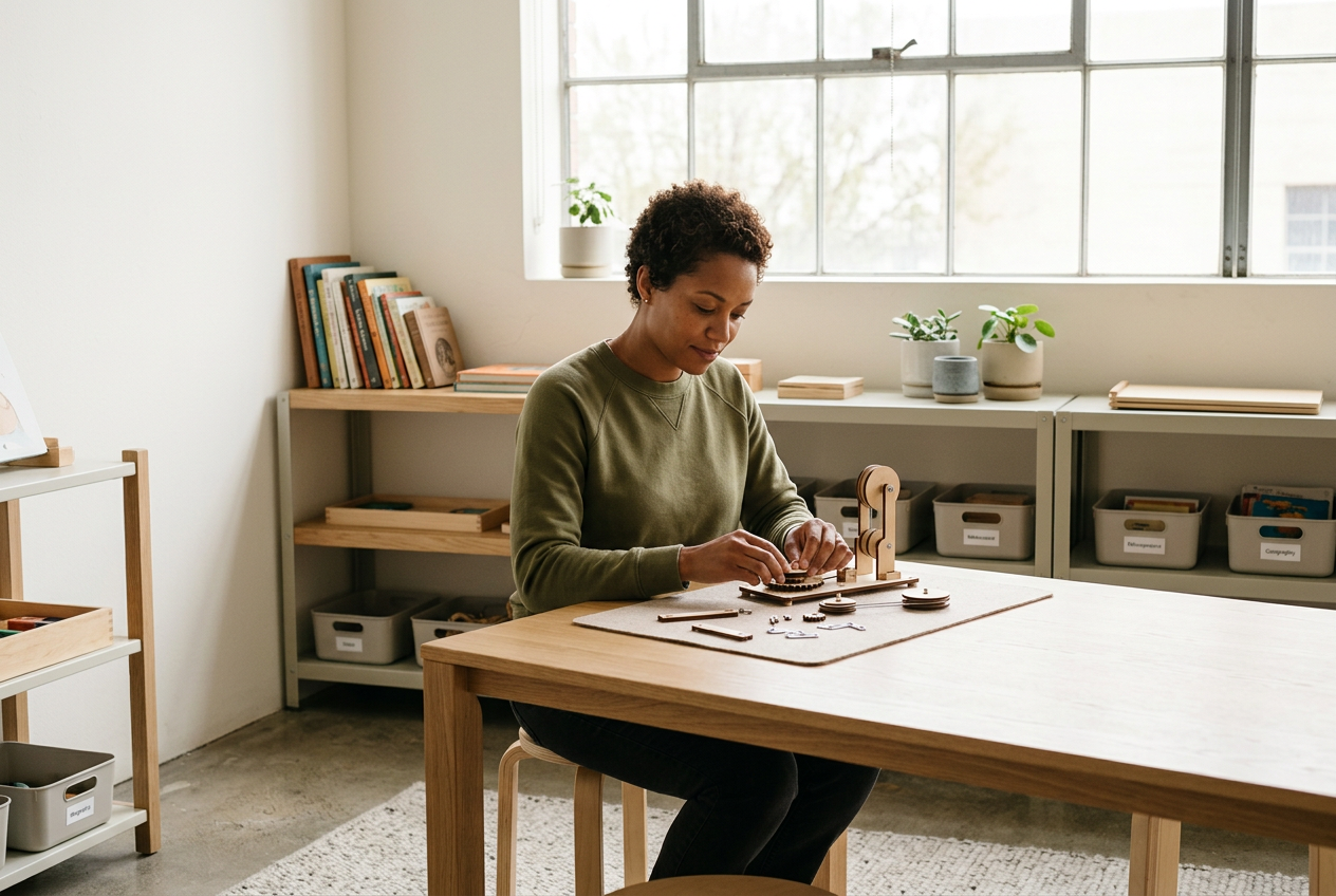 A woman sitting at a wooden table assembling a wooden mechanical toy in a bright room with large windows and bookshelves.