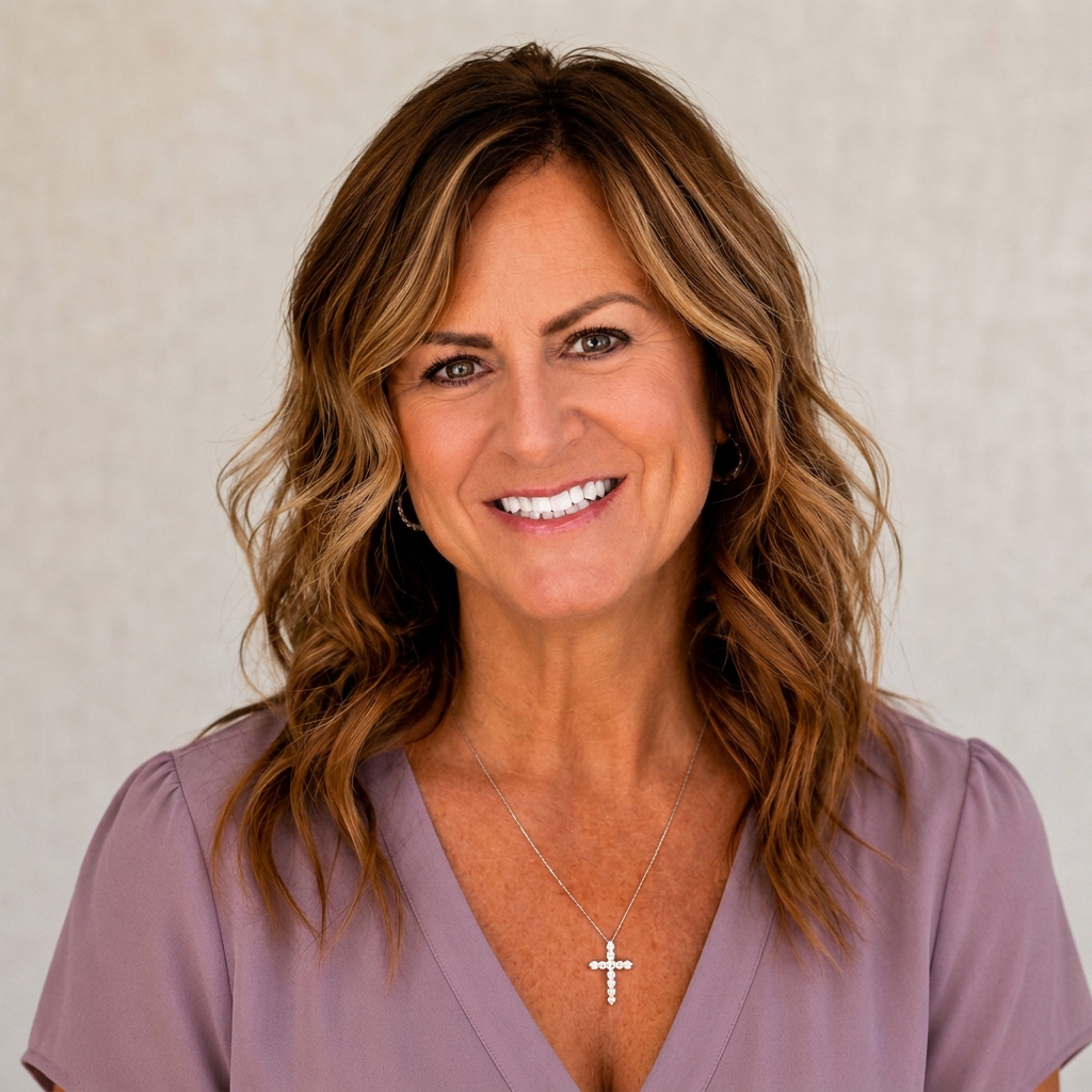 A woman with wavy, shoulder-length brown hair, smiling, wearing a lavender top and a silver cross necklace.