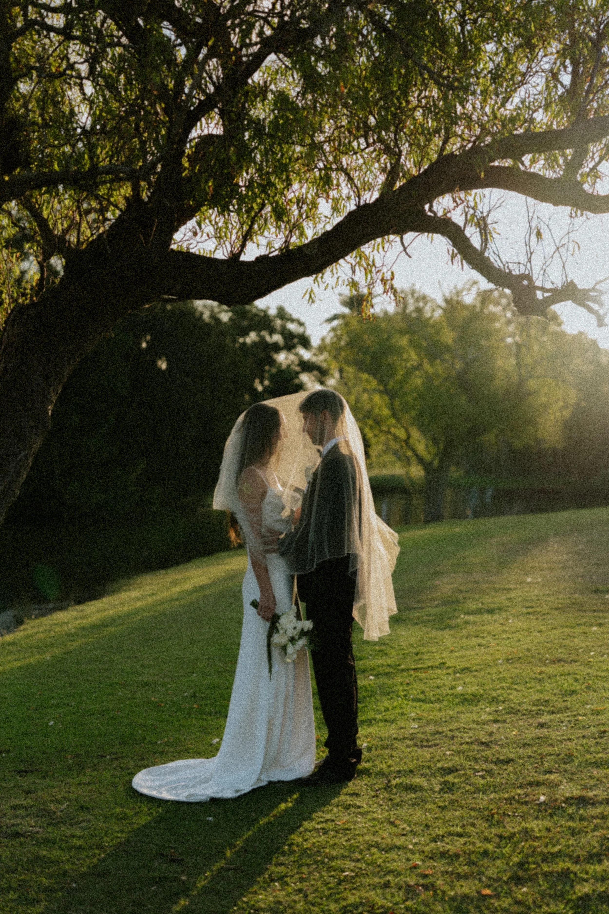 A bride and groom standing closely under a large tree during sunset, with the bride holding a bouquet of white flowers and both dressed in wedding attire, sharing an intimate moment outside on a grassy area.