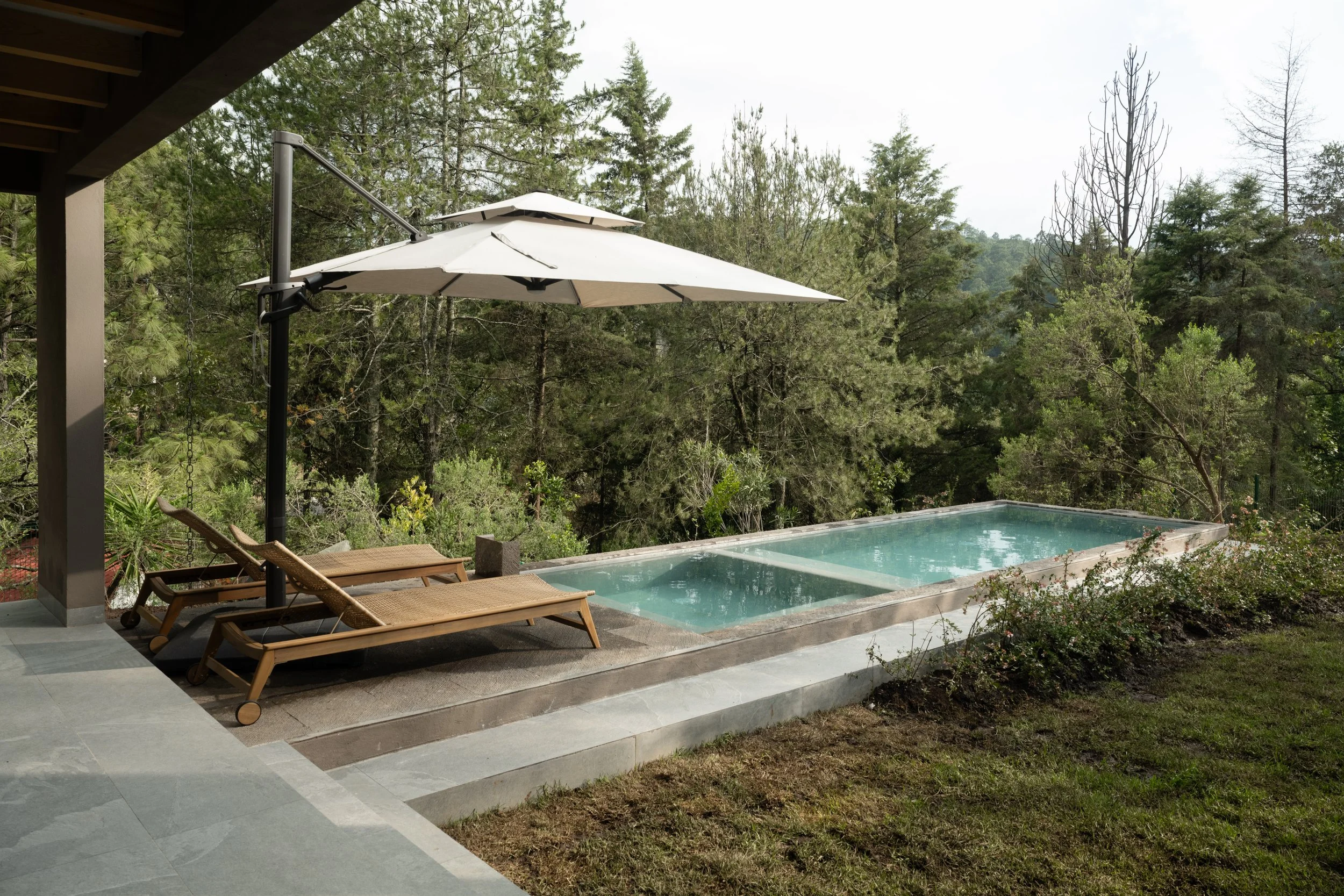 Piscina frente a una casa moderna con tumbonas, árbol y jardinería en un día nublado.