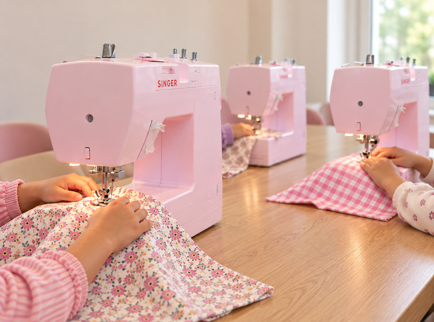 Kids use pink sewing machines to make pink floral and gingham drawstring bags.