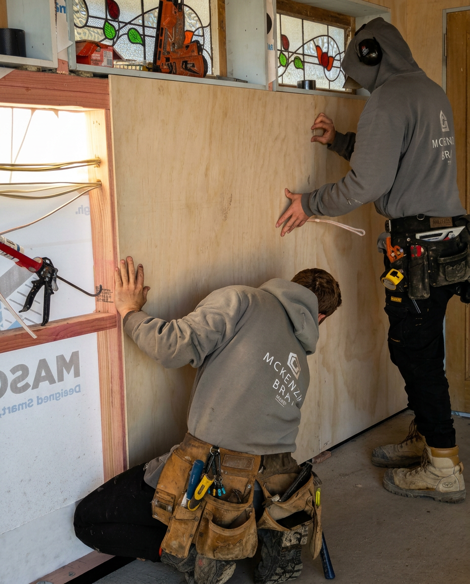 Two construction workers install a large wooden panel inside a building. One worker is kneeling and the other is standing, both focused on positioning the panel. The kneeling worker wears a tool belt and a gray hoodie, while the standing worker wears a hoodie, hearing protection, and work boots. Construction tools and materials are visible around them.
