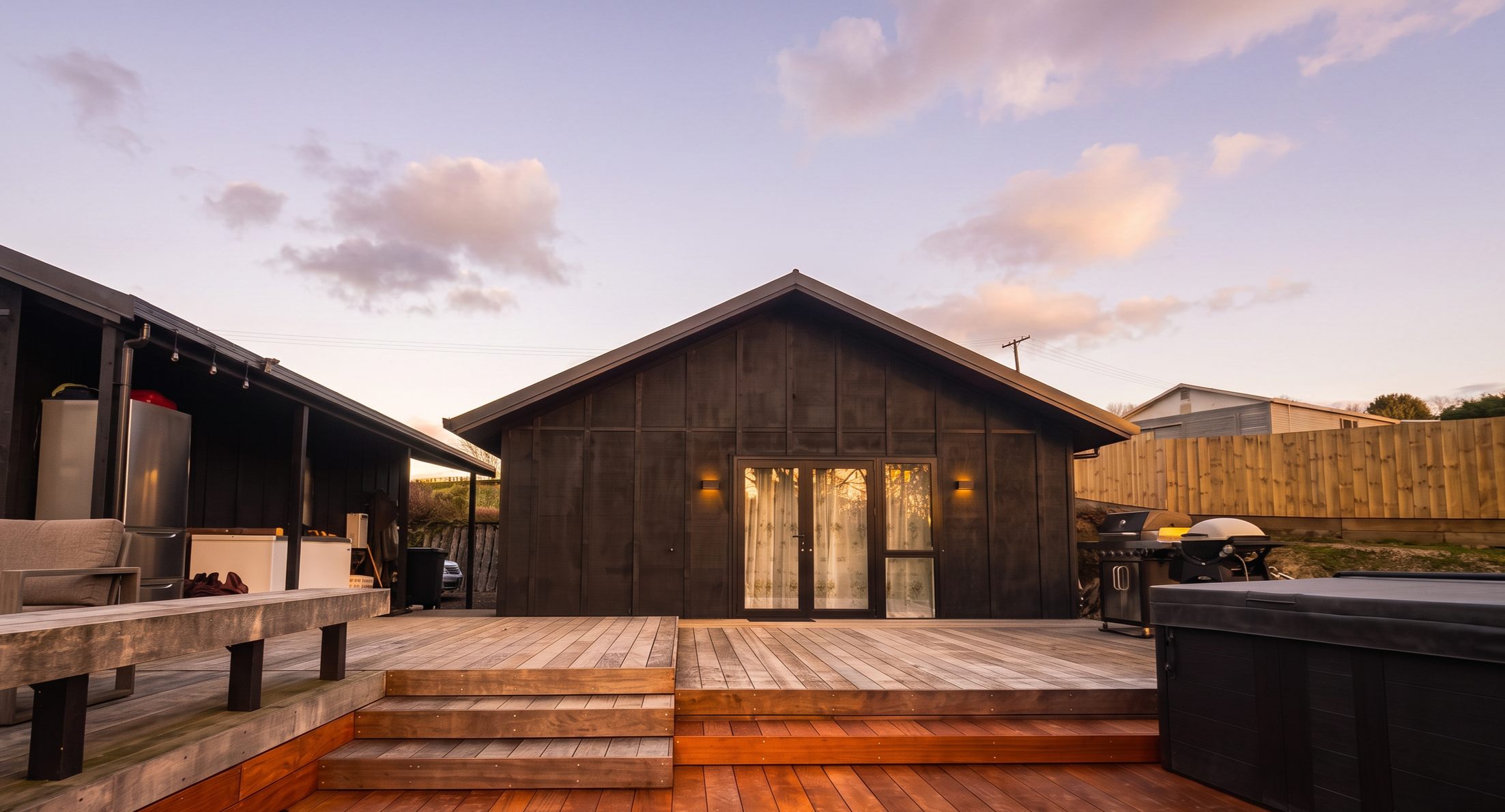 Backyard scene with a wooden deck, small modern building with glass doors, outdoor furniture, a grill, and a wooden fence, during sunset with a cloudy sky.