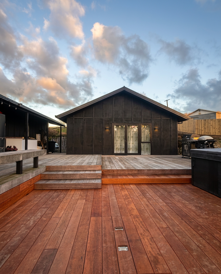 View of a backyard with a wooden deck leading to a small dark-colored house with glass doors and outdoor lighting, under a partly cloudy sky at sunset.