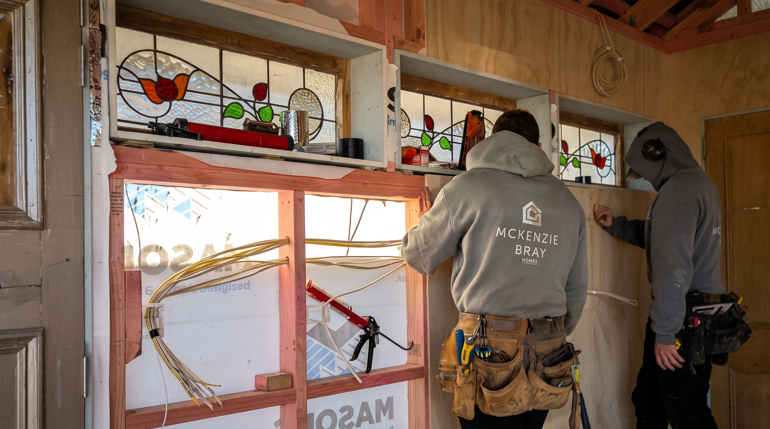 Two workers in hoodies with 'McKenzie Bray Homes' on the back fixing framing and wiring inside a house under construction. One worker is holding a tool belt with various tools, and the other is working on a wall with unfinished wood walls and stained glass windows.