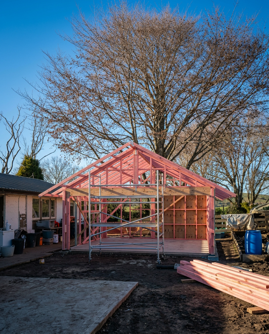 Construction site with a partly built wooden structure with pink paint, scaffolding, a large tree in the background, and a blue sky.