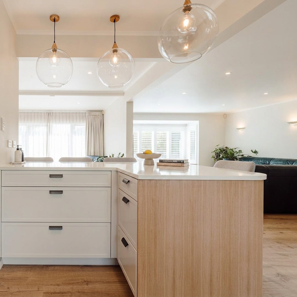 Modern kitchen with white cabinets, a light wood island, glass pendant lights, and a bright living room in the background with large windows and white shutters.