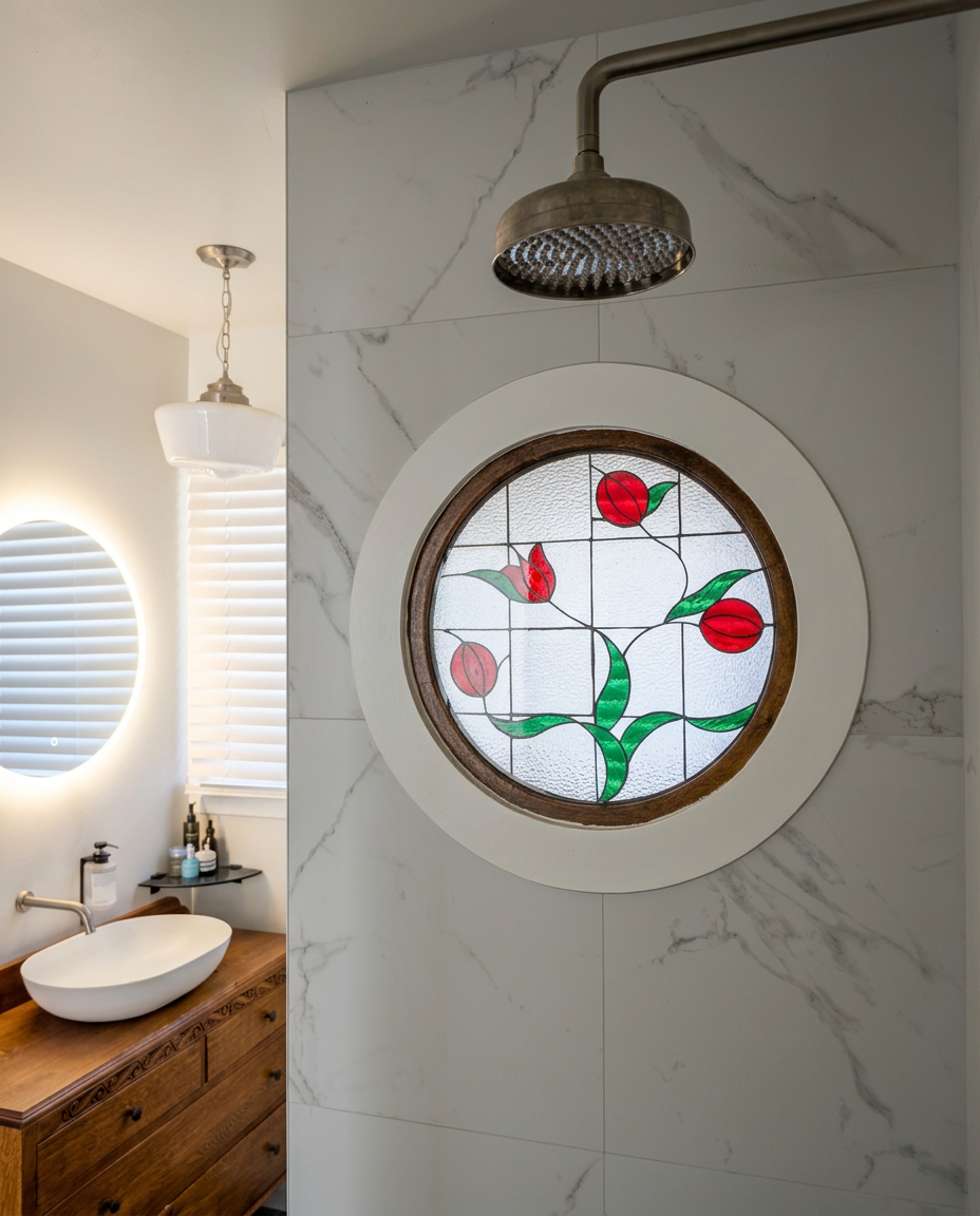 A bathroom with a wooden vanity, white vessel sink, round backlit mirror, and a decorative circular stained glass window with red and green floral design in a marble wall shower area.