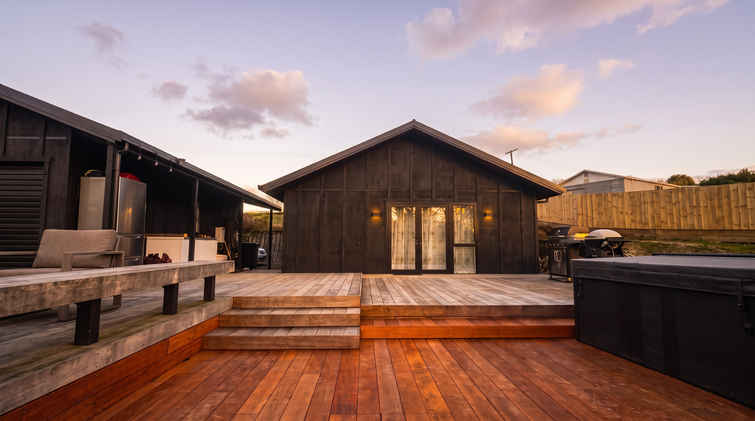 A backyard with a wooden deck, black house, small shed with glass doors, outdoor grill, outdoor furniture, and a wooden fence at sunset.