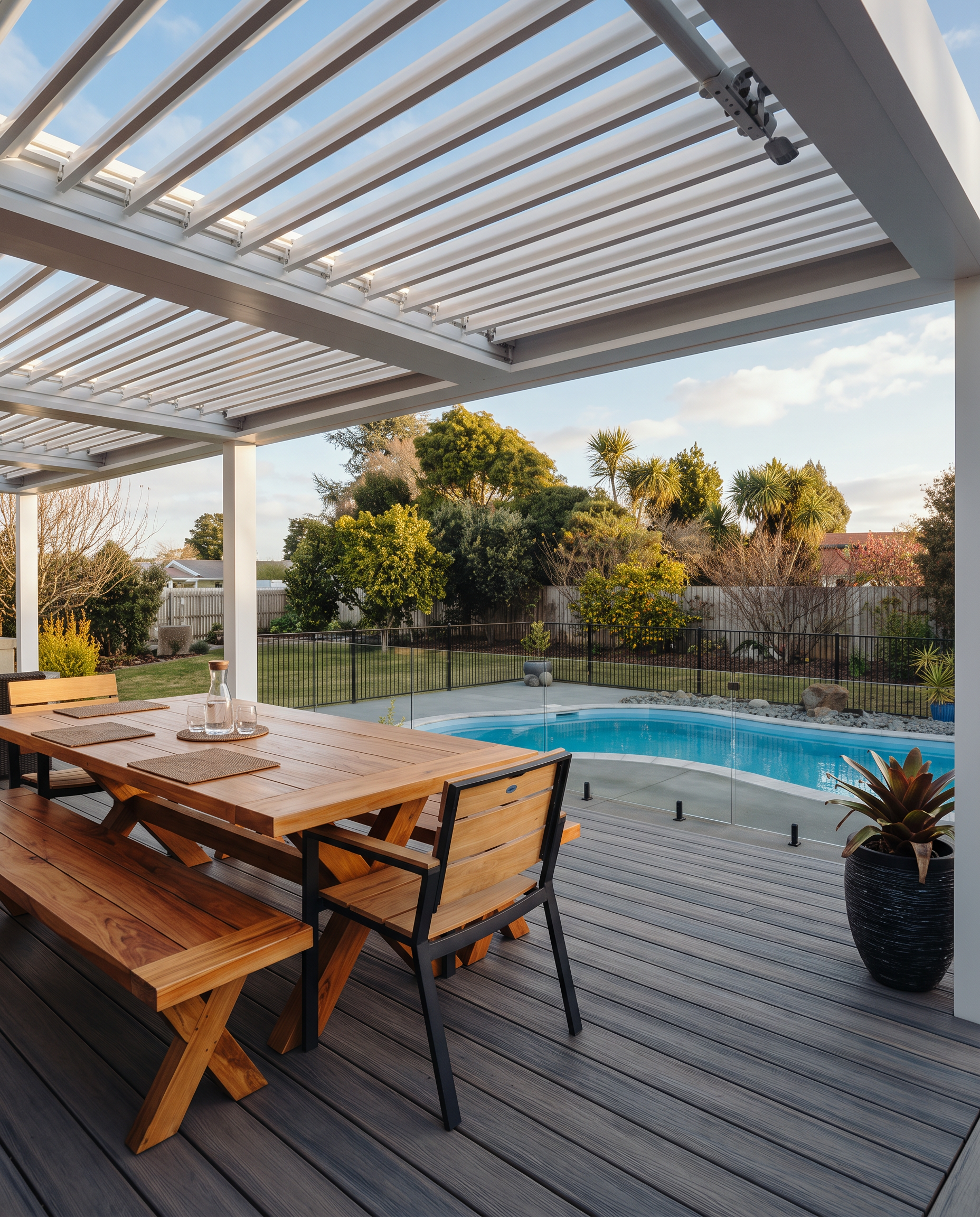 Outdoor patio with wooden dining table and chairs, a swimming pool, and a backyard garden with trees and shrubs under a partly cloudy sky.