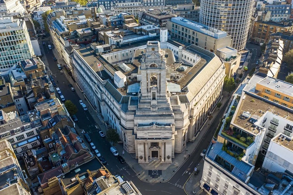 Aerial view of Freemasons Hall, Great Queen Street, London, headquarters of English Freemasonry