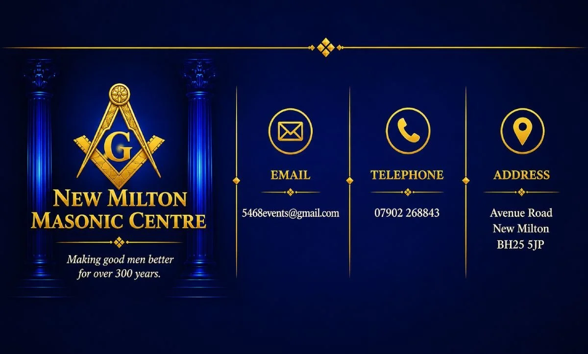 New Milton Masonic Centre Contact Details, showing email, Telephone, Address