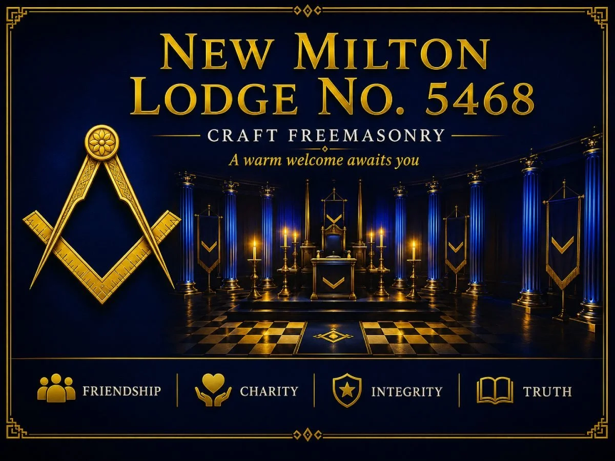 New Milton Lodge No. 5468 Banner, showing Craft Masonry, A warm Welcome awaits you