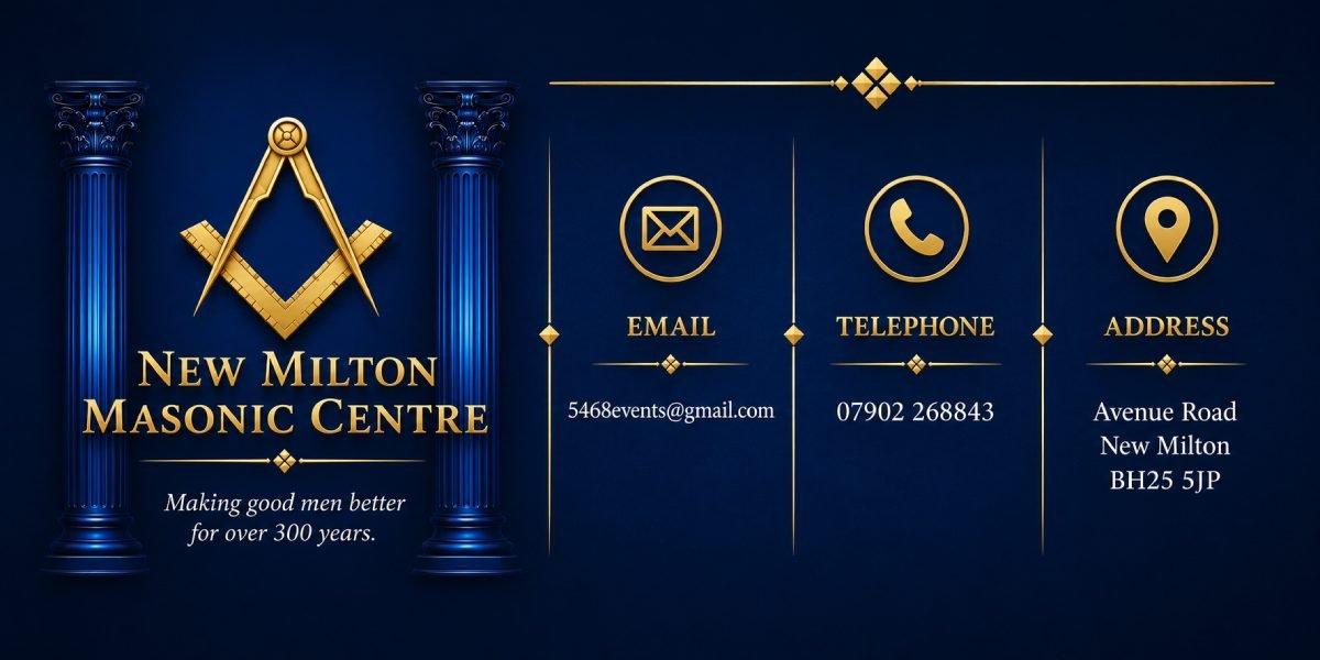 New Milton Masonic Centre Contact Panel, showing email, Telephone and Address