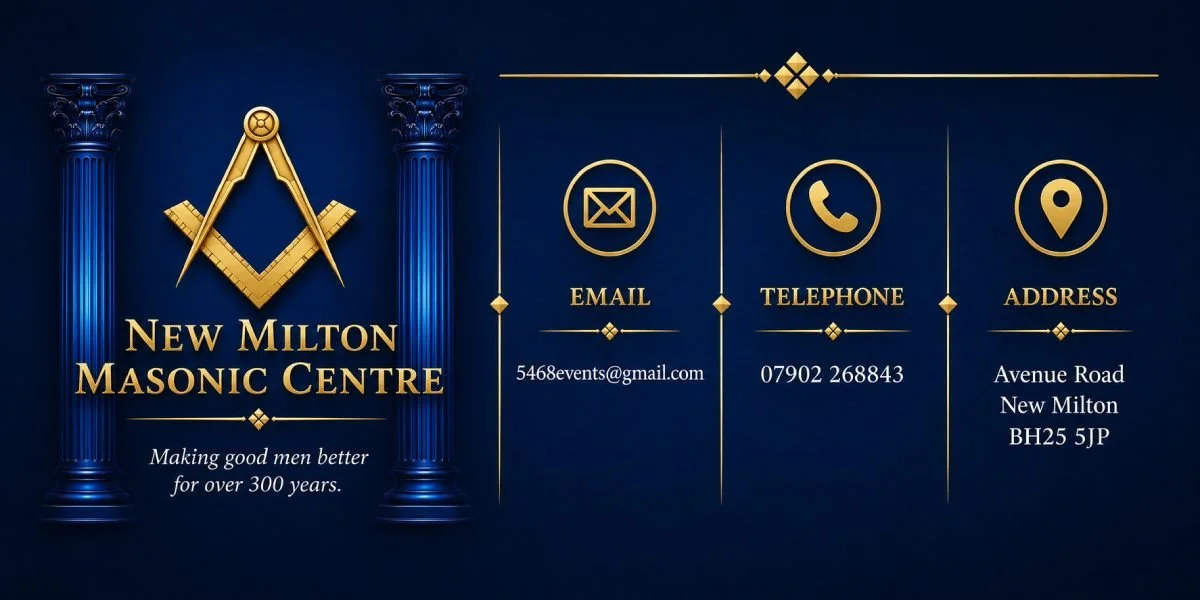 New Milton Masonic Centre Contact Page, showing email, Telephone and Address
