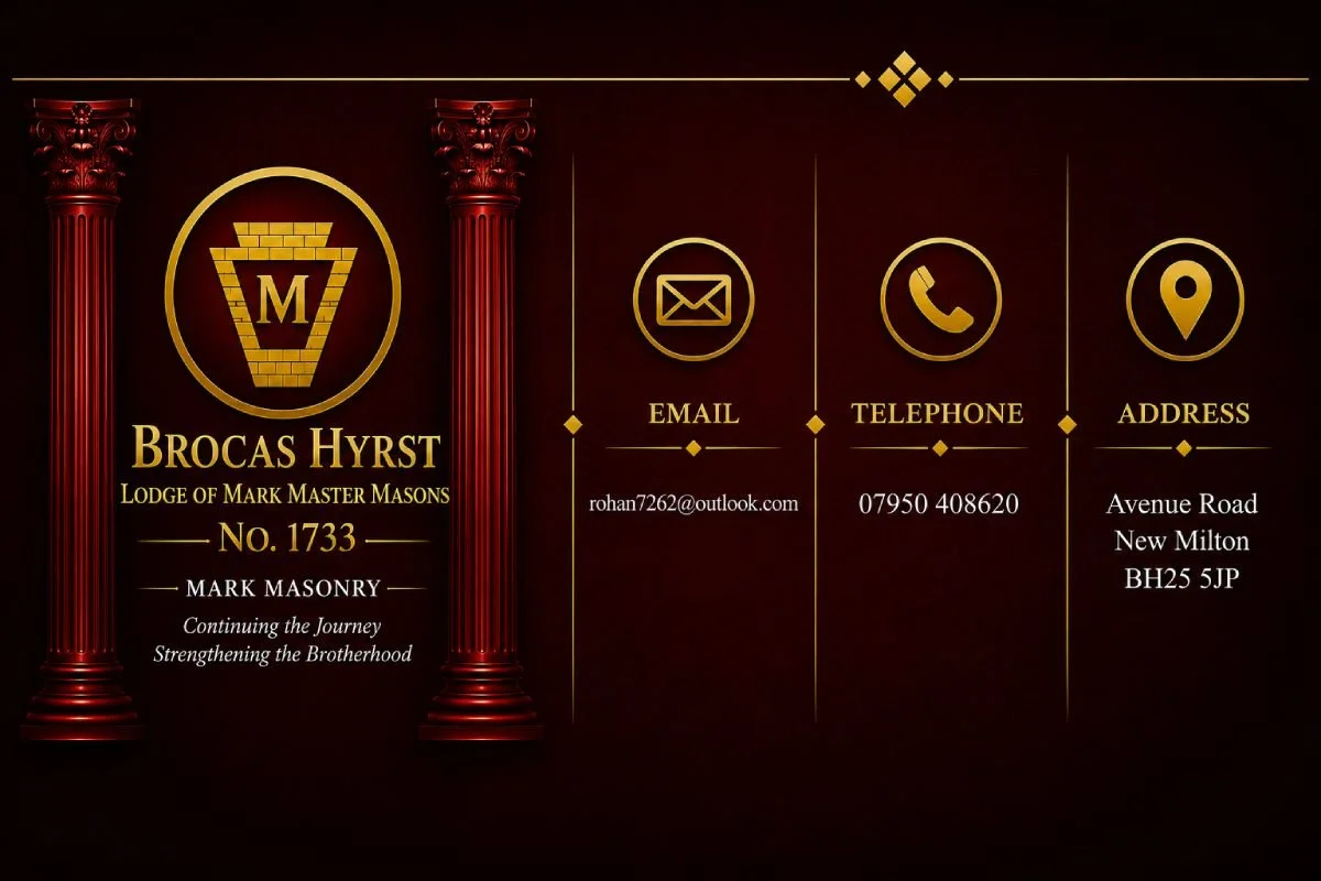 Brocas Hyrst Lodge of Master Masons Contact Pages showing email, Telephone and Address